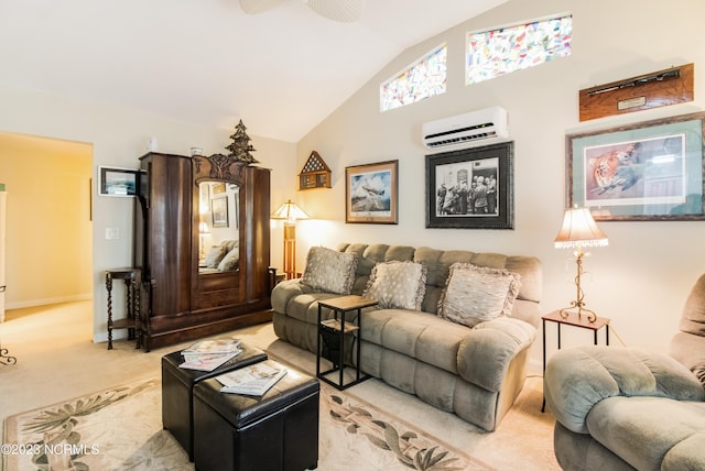 living room with a wall unit AC, a ceiling fan, baseboards, lofted ceiling, and light colored carpet