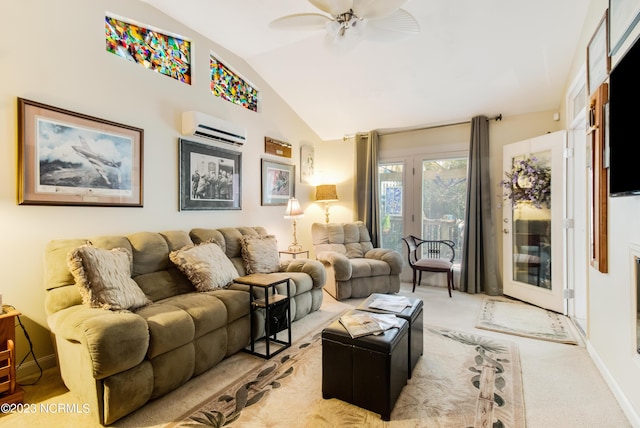 carpeted living room featuring baseboards, ceiling fan, an AC wall unit, and lofted ceiling