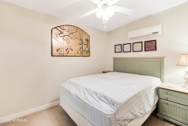 carpeted bedroom with a wall mounted air conditioner, baseboards, and ceiling fan