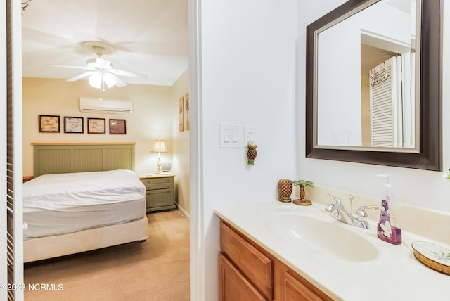 bathroom featuring a wall mounted air conditioner, vanity, and a ceiling fan