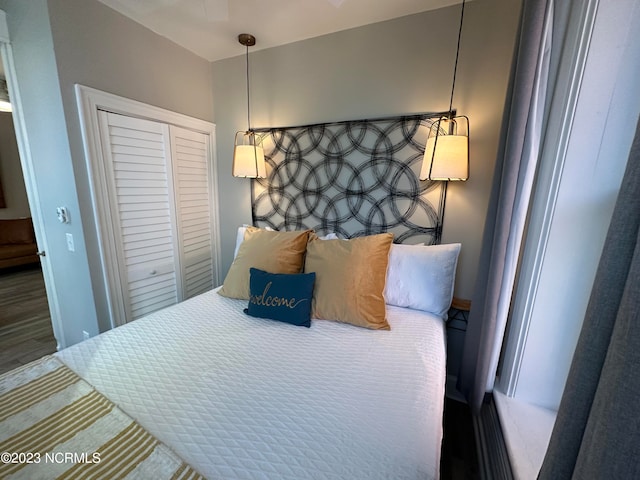 bedroom with a closet and hardwood / wood-style flooring