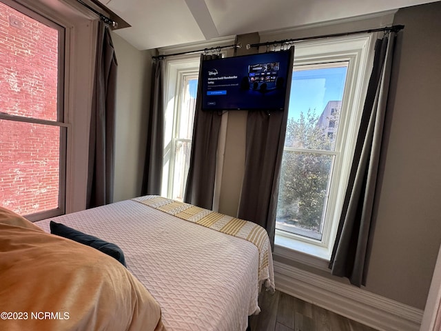 bedroom with dark hardwood / wood-style floors