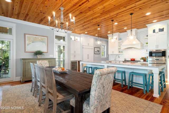 dining area with sink, wooden ceiling, crown molding, a chandelier, and dark hardwood / wood-style floors