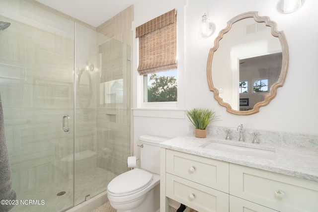 bathroom with vanity, toilet, and walk in shower