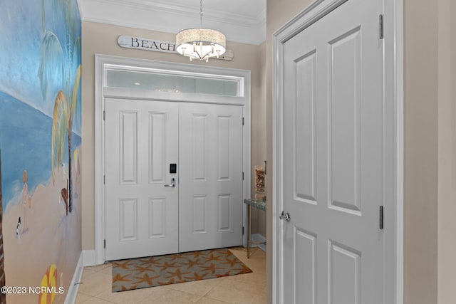 entryway featuring crown molding and light tile floors