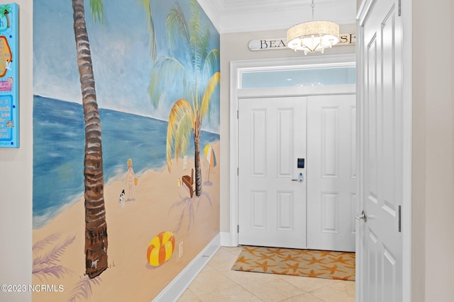 foyer entrance featuring crown molding and light tile floors