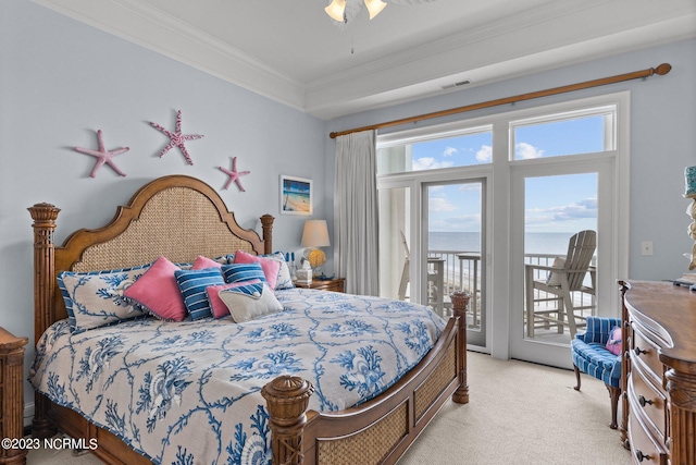 bedroom featuring crown molding, light colored carpet, ceiling fan, and access to outside