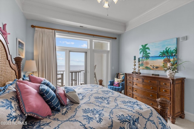 bedroom with crown molding, access to exterior, and carpet