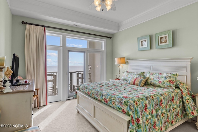 bedroom with light carpet, access to exterior, ceiling fan, and crown molding