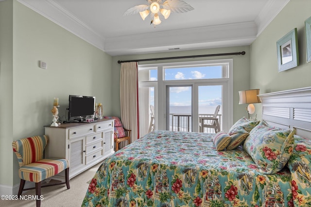 carpeted bedroom featuring ceiling fan, access to exterior, and ornamental molding