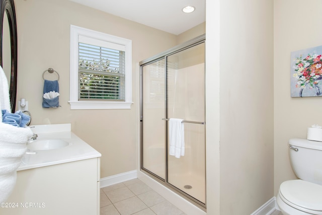 bathroom with vanity, an enclosed shower, tile patterned flooring, and toilet