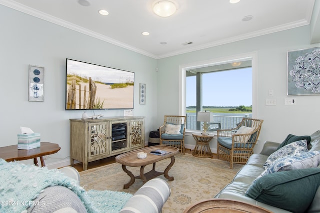 living room featuring crown molding and light hardwood / wood-style flooring