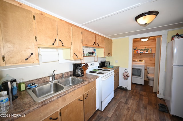 kitchen with dark wood-type flooring, ornamental molding, washer / clothes dryer, white appliances, and sink