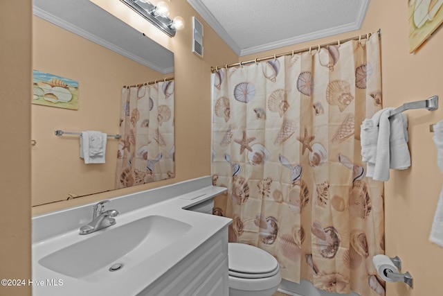 bathroom featuring vanity, crown molding, toilet, a textured ceiling, and curtained shower