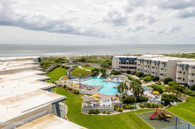 drone / aerial view with a water view