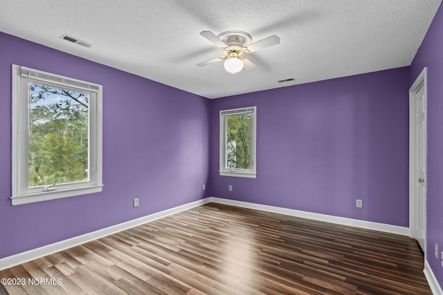 spare room featuring a wealth of natural light, a textured ceiling, and hardwood / wood-style flooring