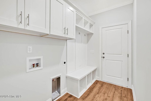 mudroom featuring crown molding and light hardwood / wood-style floors