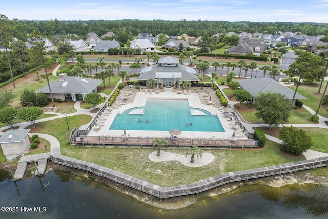 bird's eye view with a water view