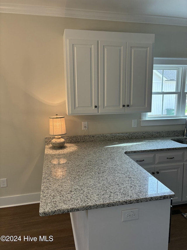 kitchen featuring dark wood-type flooring, white cabinets, sink, crown molding, and light stone countertops