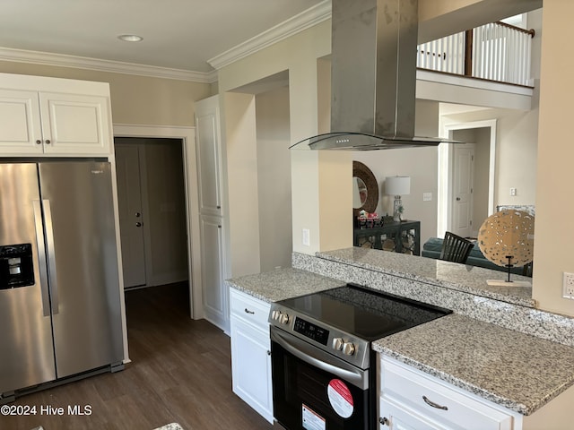 kitchen with island range hood, white cabinetry, and appliances with stainless steel finishes