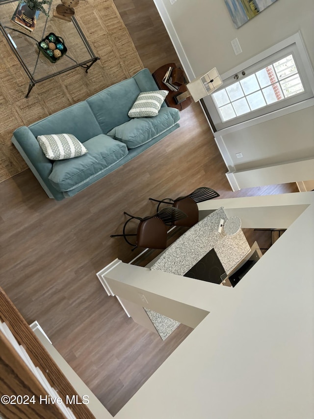 living room with wood-type flooring and a towering ceiling