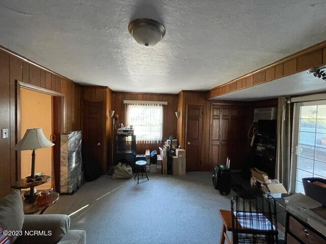 living room featuring carpet flooring, wood walls, and a textured ceiling