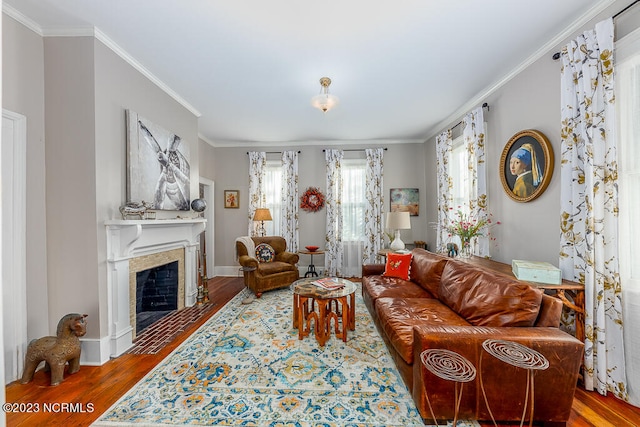 living room featuring hardwood / wood-style floors and crown molding