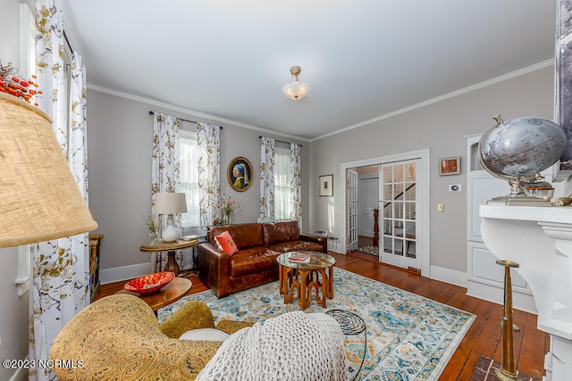 living room featuring crown molding and dark wood-type flooring