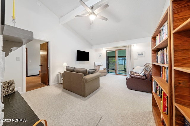 carpeted living room featuring high vaulted ceiling, ceiling fan, and beamed ceiling