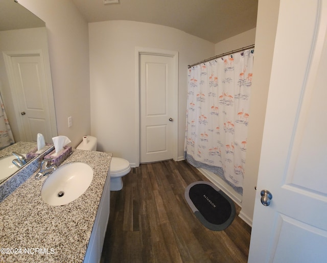 bathroom with toilet, vanity, hardwood / wood-style floors, and a shower with curtain