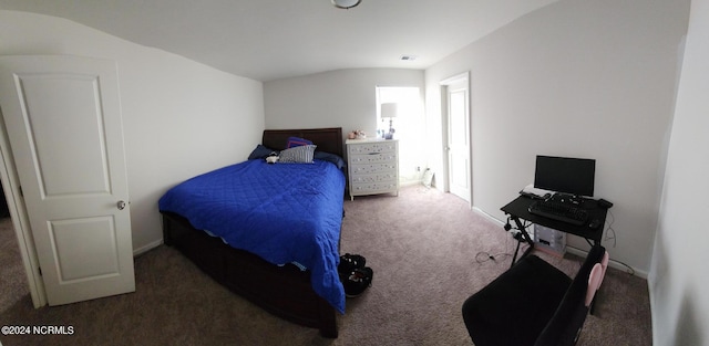 carpeted bedroom with lofted ceiling