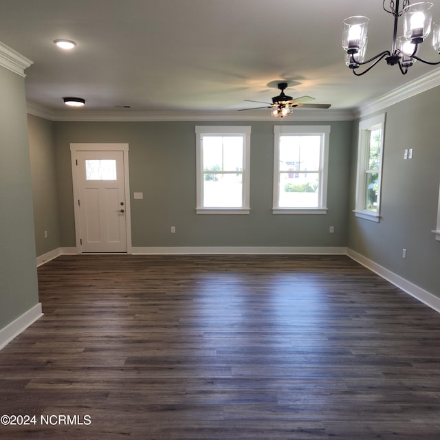 foyer with crown molding, ceiling fan with notable chandelier, and dark hardwood / wood-style flooring