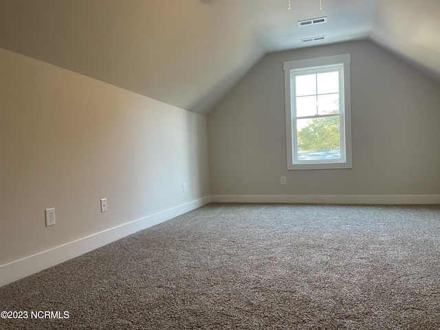 additional living space featuring lofted ceiling, carpet, visible vents, and baseboards