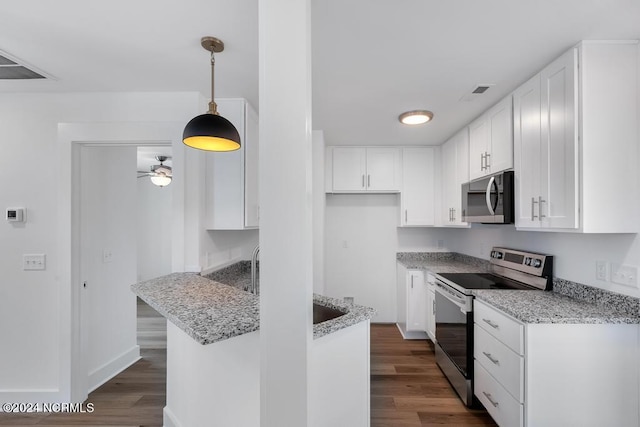 kitchen with dark hardwood / wood-style floors, appliances with stainless steel finishes, white cabinets, and hanging light fixtures