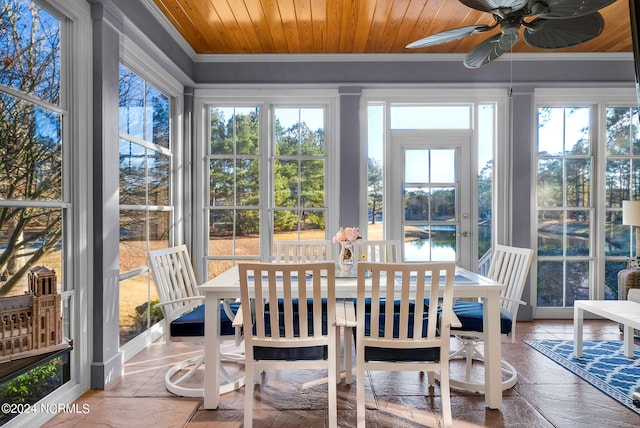 sunroom with wooden ceiling, plenty of natural light, and ceiling fan