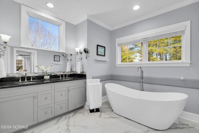 bathroom with tile flooring, dual sinks, oversized vanity, and plenty of natural light