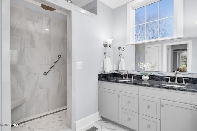 bathroom featuring crown molding, dual bowl vanity, and tile flooring