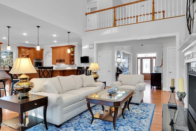 living room with crown molding, light hardwood / wood-style flooring, and sink