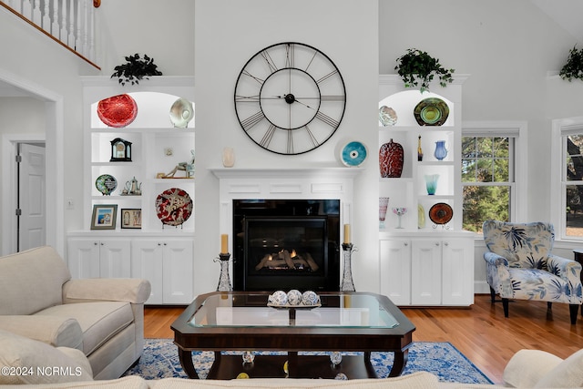 living room featuring light hardwood / wood-style floors and a high ceiling