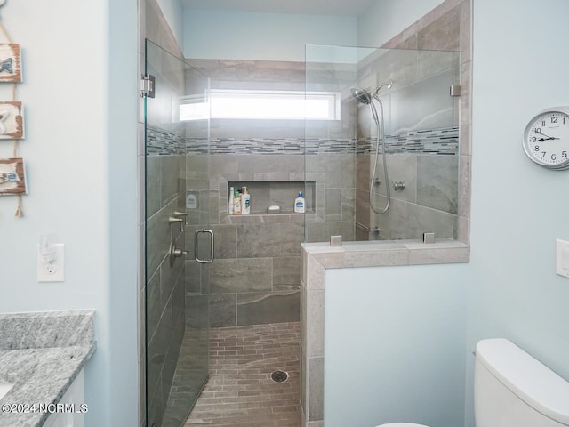 bathroom featuring a stall shower, vanity, and toilet