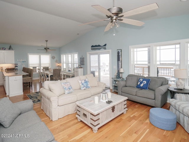 living area featuring lofted ceiling, ceiling fan, and light wood finished floors