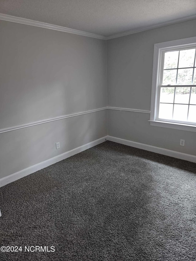 carpeted empty room with ornamental molding and a textured ceiling