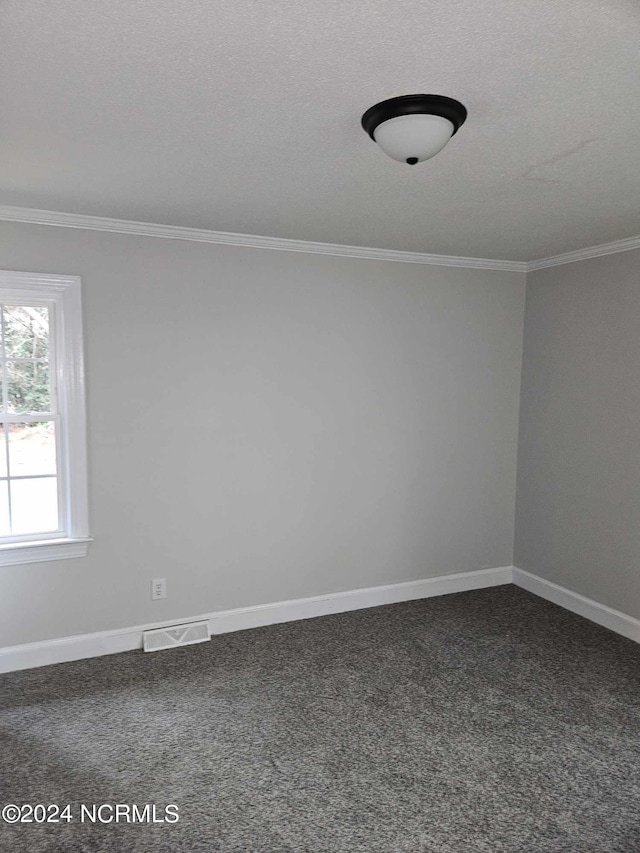 carpeted spare room with crown molding and a textured ceiling