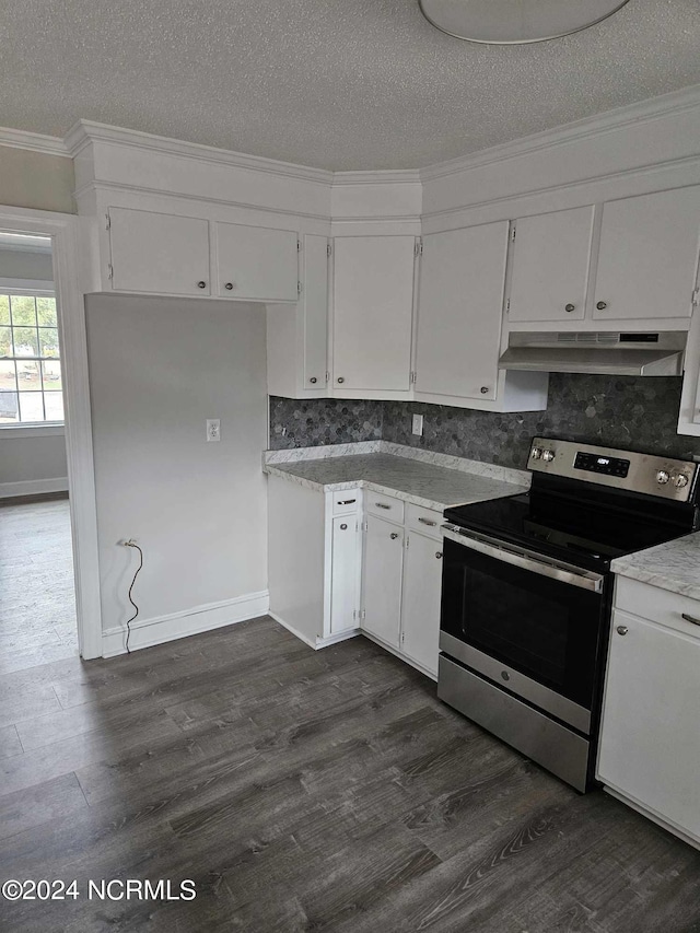 kitchen featuring electric range, dark hardwood / wood-style flooring, white cabinets, and tasteful backsplash