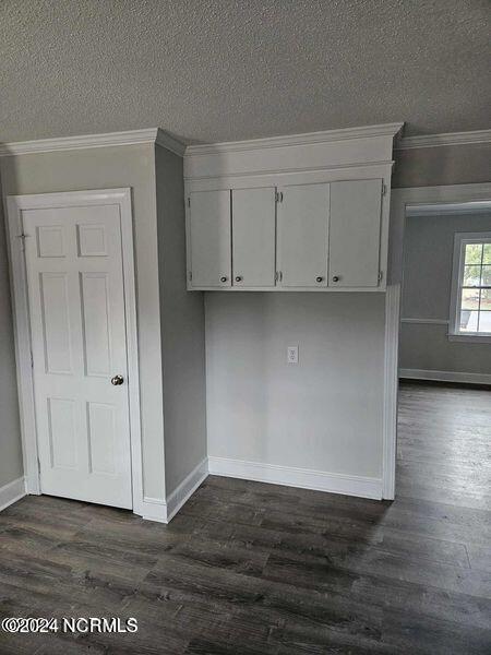 clothes washing area with crown molding, dark hardwood / wood-style flooring, and a textured ceiling