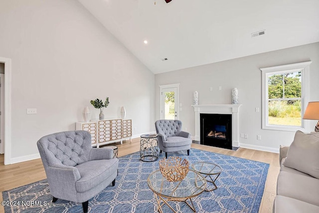 living room featuring high vaulted ceiling, a wealth of natural light, and hardwood / wood-style floors