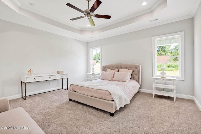 bedroom with a raised ceiling, ceiling fan, and multiple windows