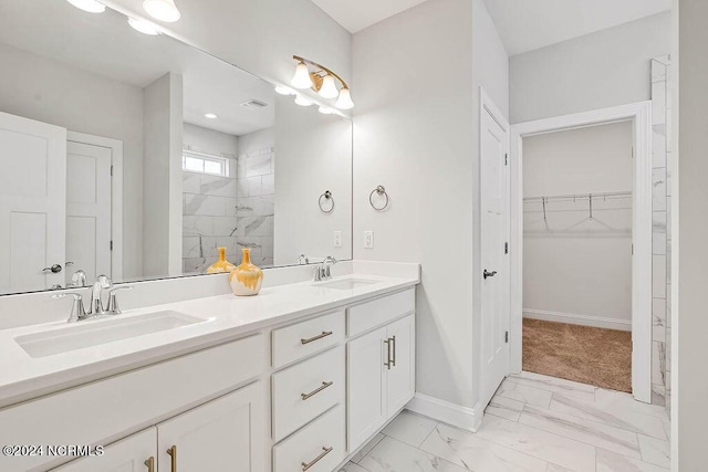 bathroom with walk in shower and vanity