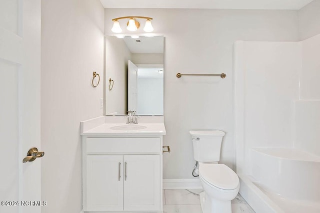 bathroom with a shower, toilet, and vanity