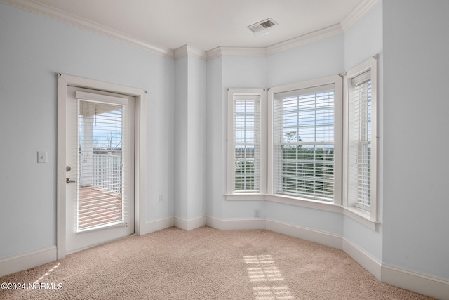 carpeted spare room with crown molding and plenty of natural light